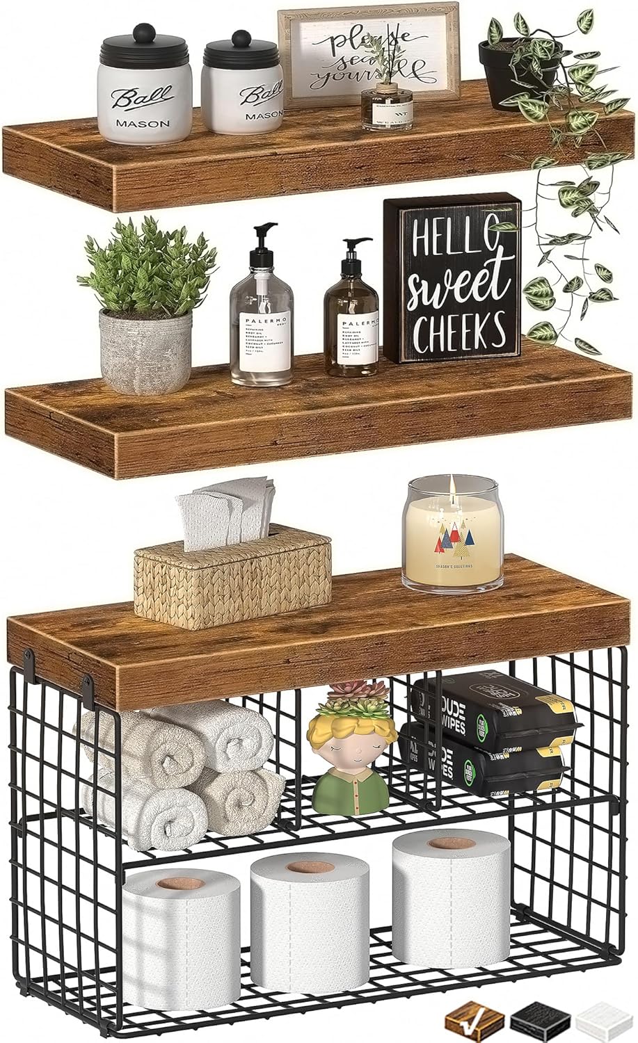 Bathroom Floating Shelves for Wall - Shelf Over Toilet Storage Small Farmhouse Decor Shelves (15.7 inch. Set of 3. Rustic Brown)