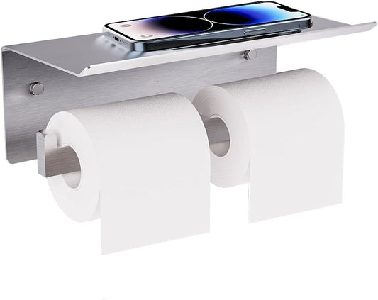 Double Toilet Paper Holder with Shelf. FreshGlow Large Tissue Holder Brushed Nickel. Wall Mount Commercial Toilet Paper Dispenser Phone Shelf Stainless Steel. Tissue Roll for Bathroom