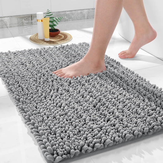 Yimobra Bathroom Rugs Non Slip Washable 24x17 Inch - Ultra Soft Absorbent Chenille Bath Mat. Quick Dry Shaggy Floor Carpet for Tub Shower. Gray Home Decor Accessories
